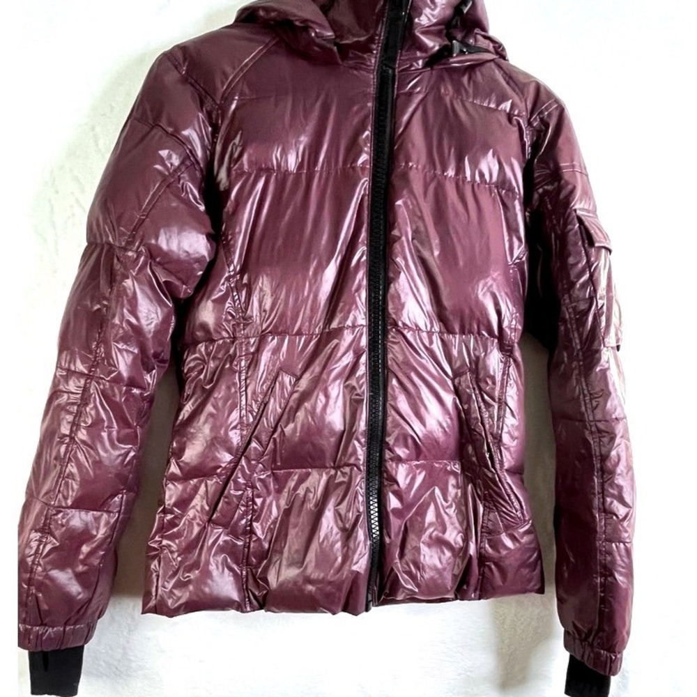 S13 New York Womens XS Burgundy Down Puffer Jacket Shiny Hooded Winter Coat - Picture 3 of 14